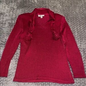 Anne Hall Vintage red V-neck knit sweater. scarf collar & tassel details. Medium